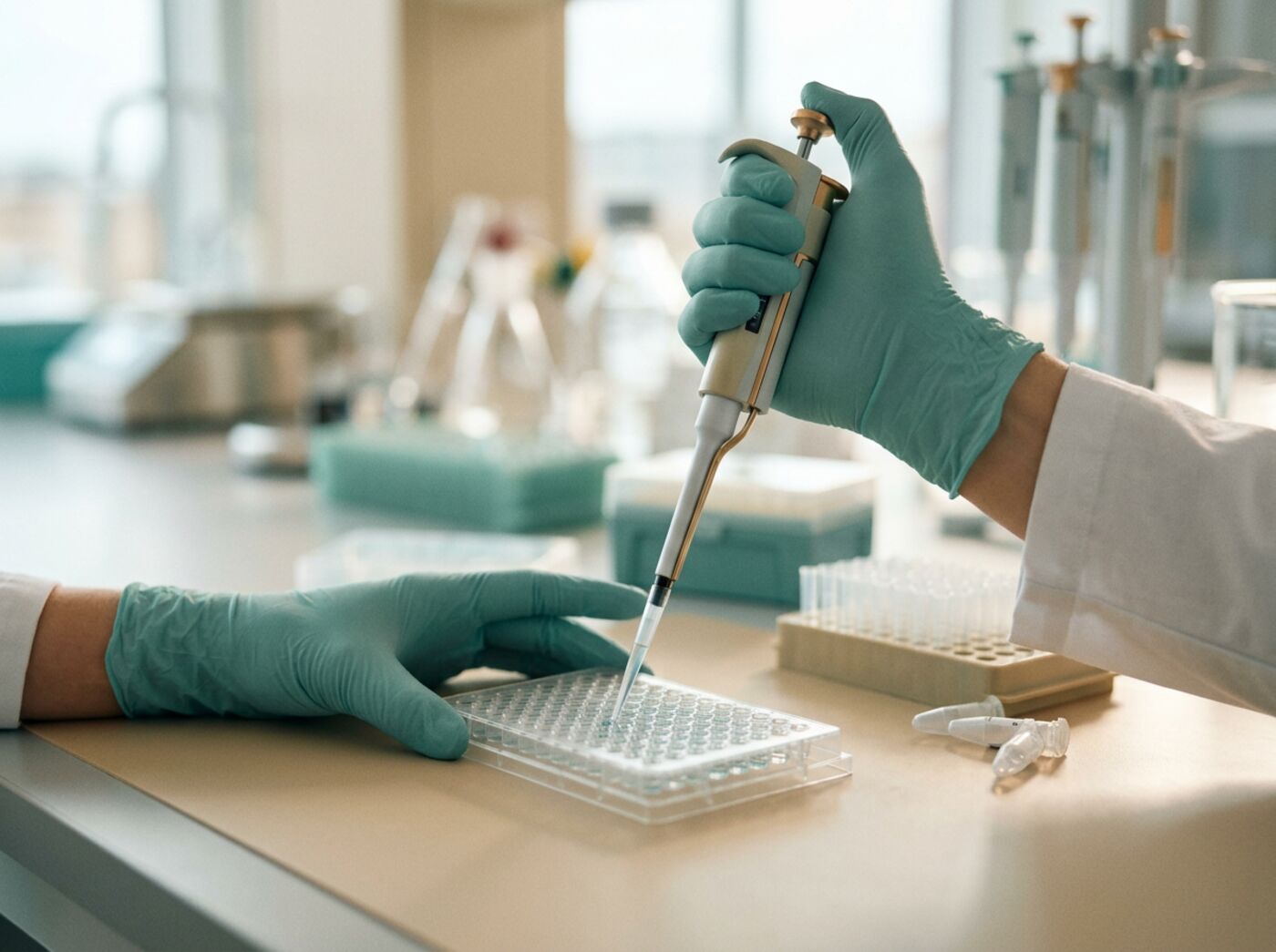 Gloved hands pipetting a sample in a modern laboratory