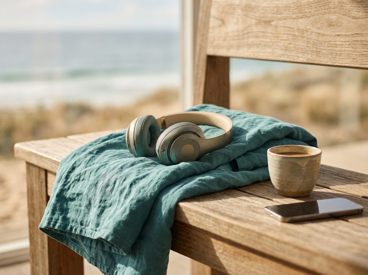 Over-ear headphones resting on a folded teal linen blanket beside a cup