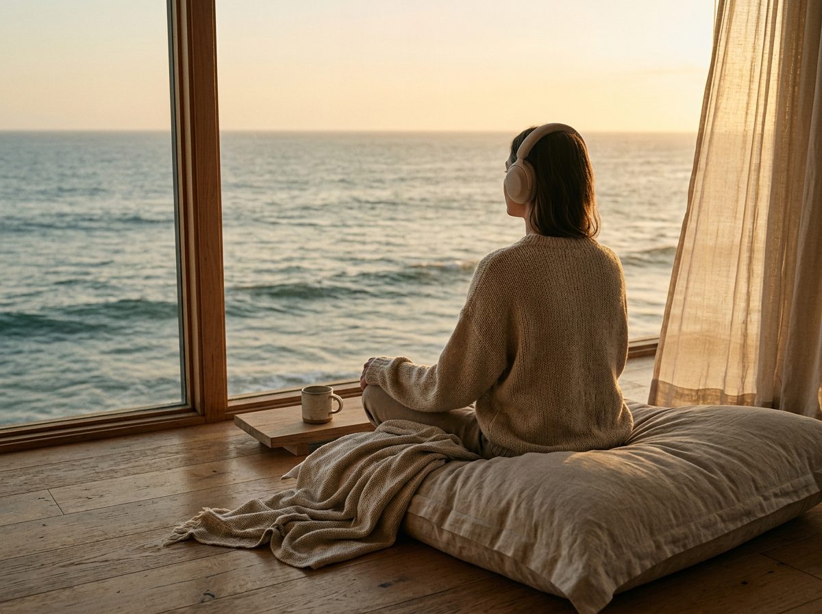 Person in headphones sitting on a floor cushion facing the ocean at golden hour