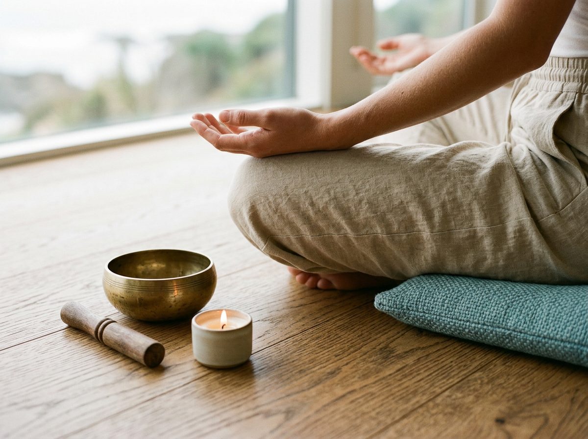 Hands resting open on the knees beside a brass singing bowl and candle