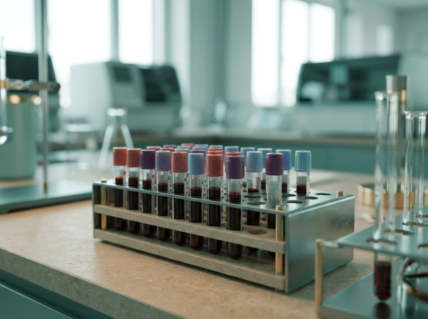 Rack of blood sample tubes in a modern laboratory