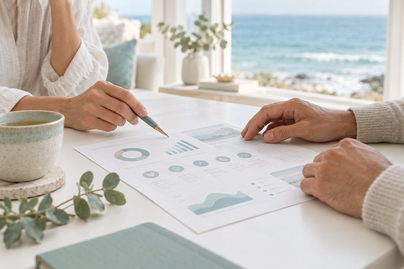 Two people reviewing a printed personal health plan together at a white table