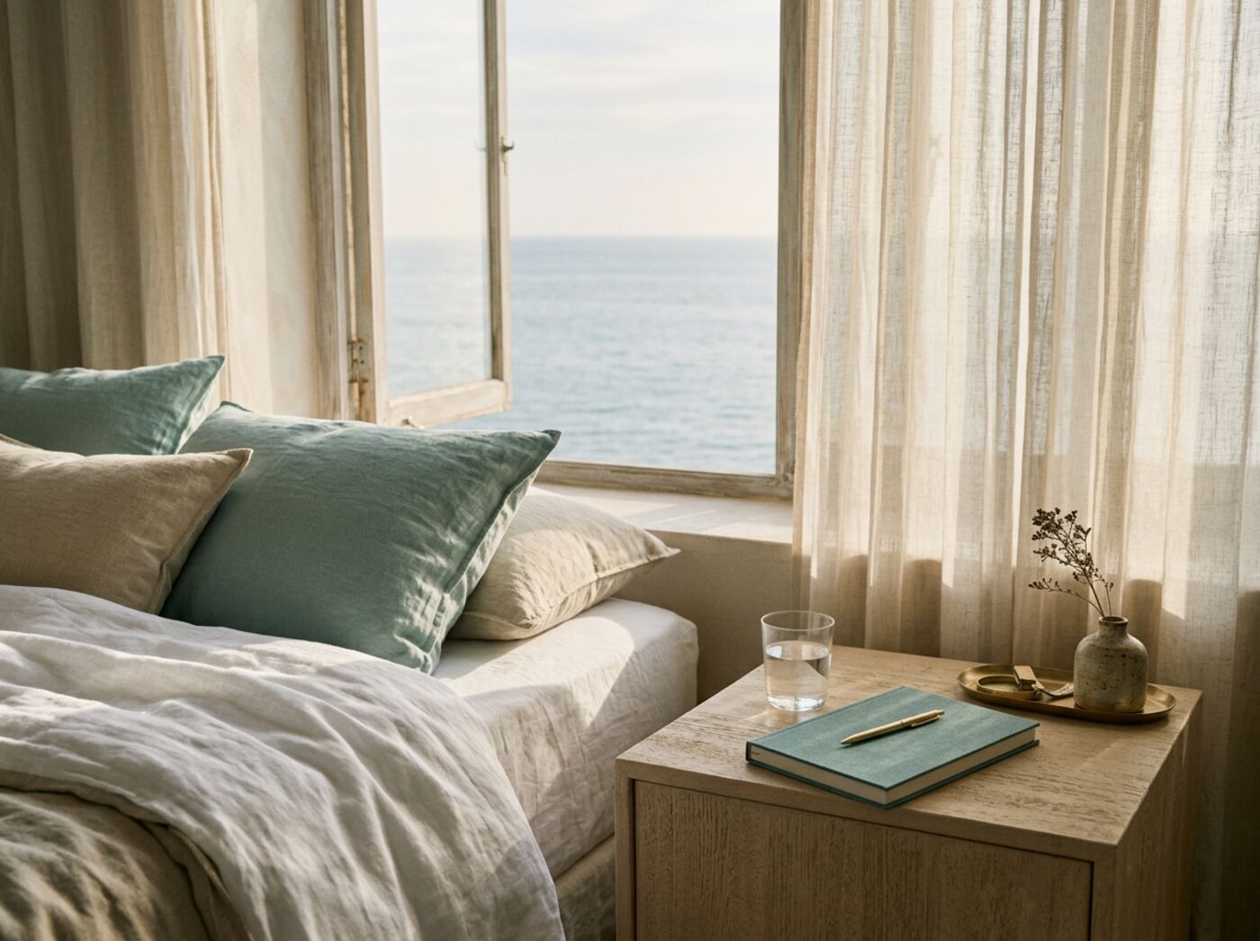 Sunlit bedroom with white linens, a glass of water and a notebook