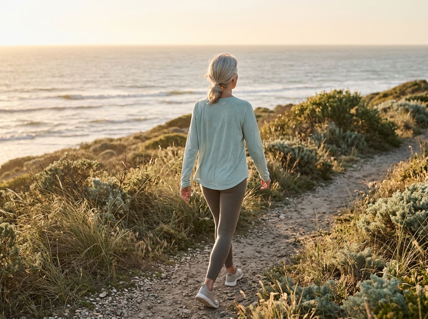 Silver-haired woman walking a coastal path at sunrise
