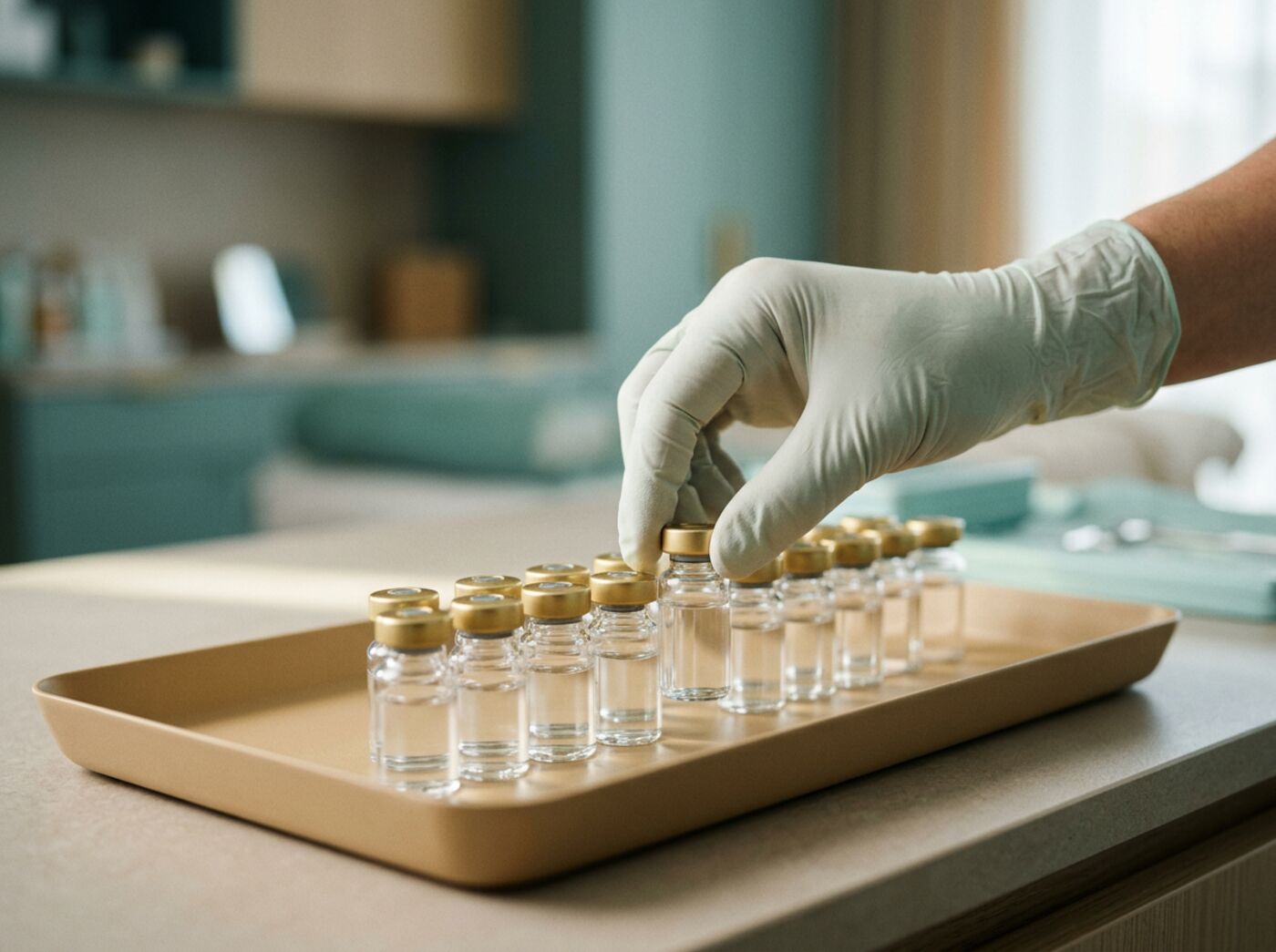 Gloved hand placing a glass vial with a gold cap on a clinical tray
