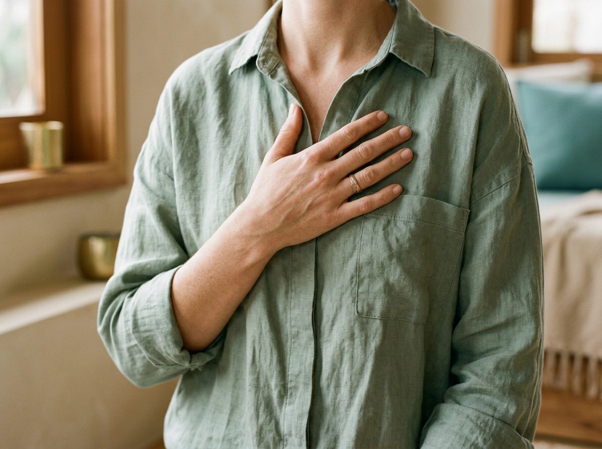 Hand resting over the heart on a sage-green linen shirt