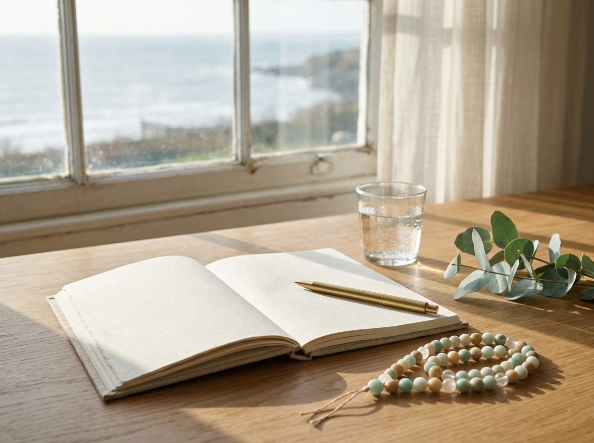 Open journal, pen and mineral beads on a sunlit table by a sea window