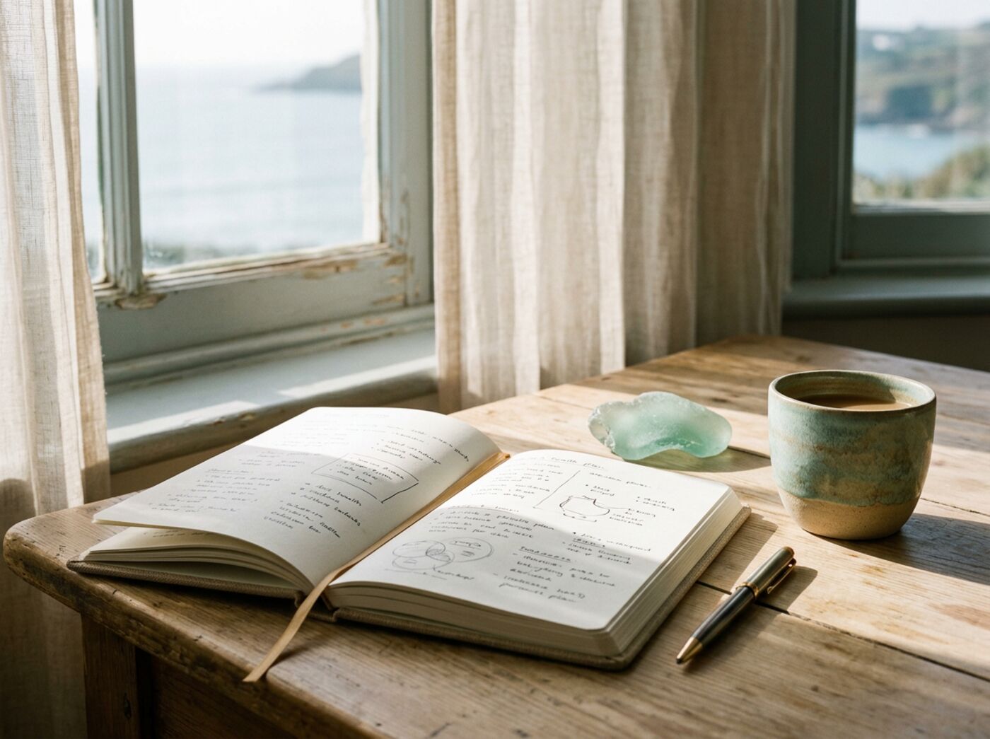 Open journal with a personal health plan, sea glass and a cup by a sea-view window
