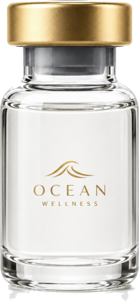 Clear glass vial with a gold cap and the Ocean Wellness gold wave logo