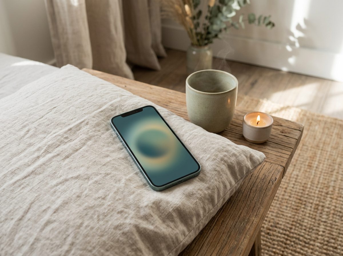 Smartphone on a linen cushion beside a cup and candle