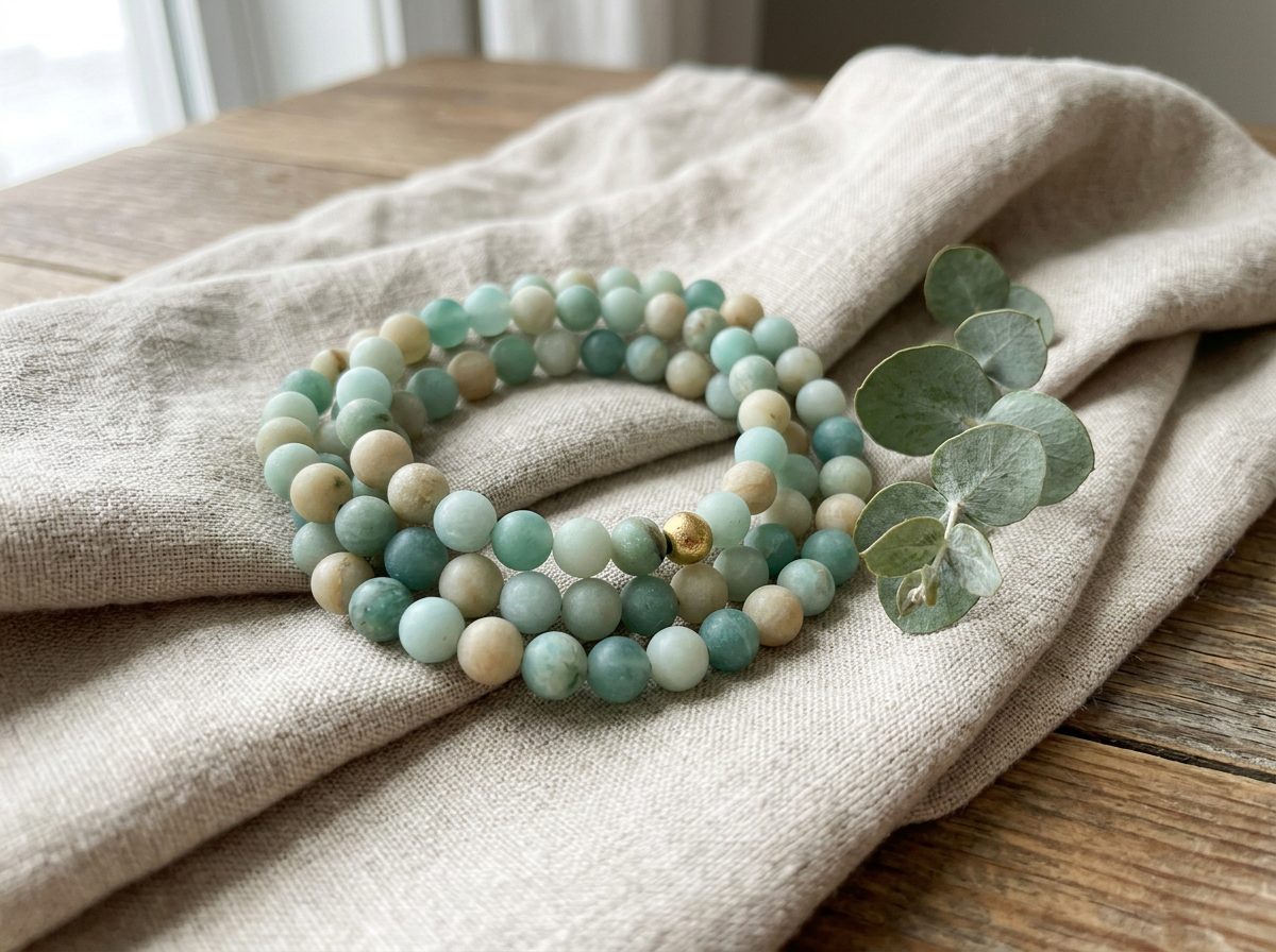 Strand of sea-glass green and sand mineral beads on linen