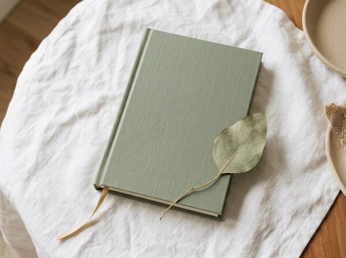 Closed sage-green hardcover book on white linen with a eucalyptus leaf