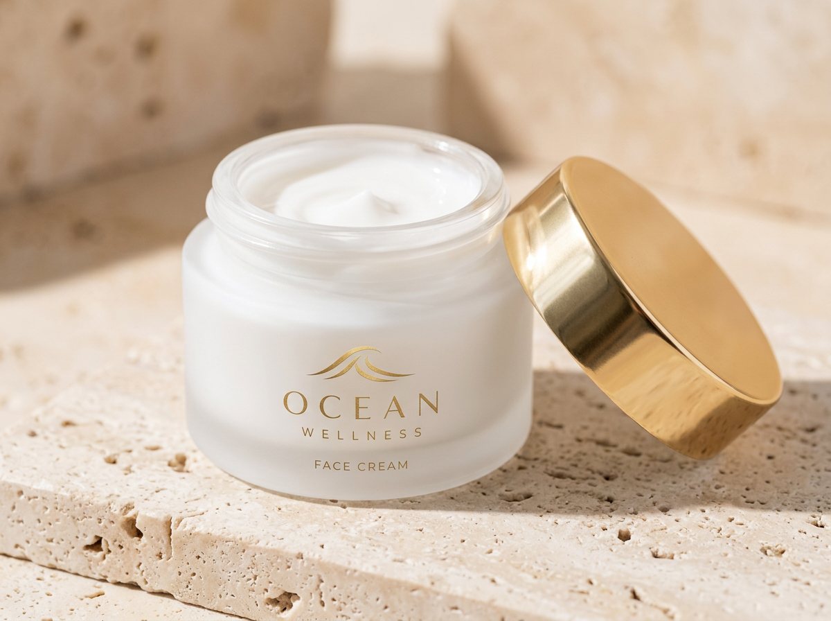 Frosted white glass jar of face cream with a gold lid and the Ocean Wellness logo