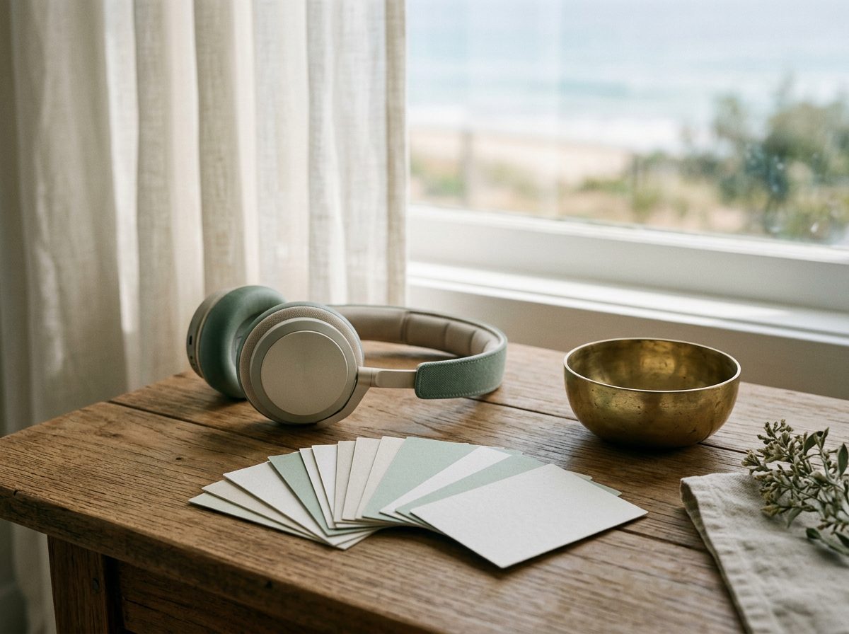 Practice cards, headphones and a brass bowl on a wooden table