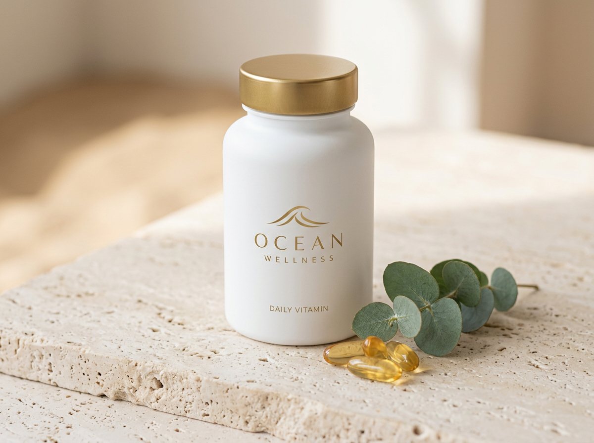 White supplement bottle with a gold cap and the Ocean Wellness logo, labeled Daily Vitamin