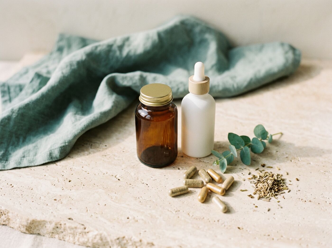 Amber and white supplement bottles with capsules on linen