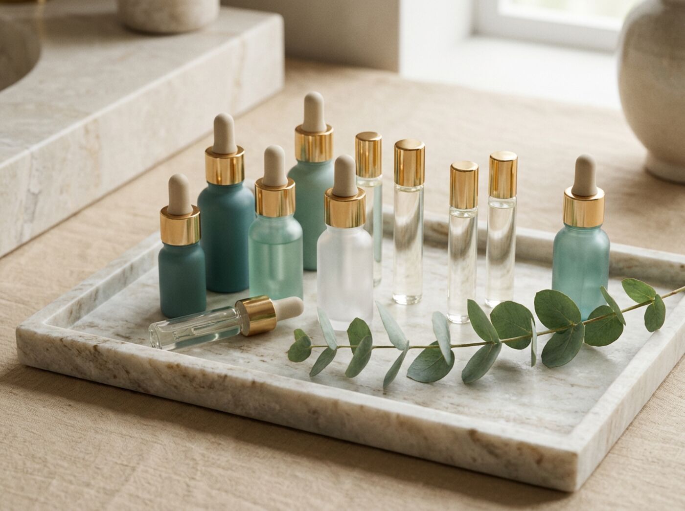 Dropper bottles and gold-capped vials on a marble tray