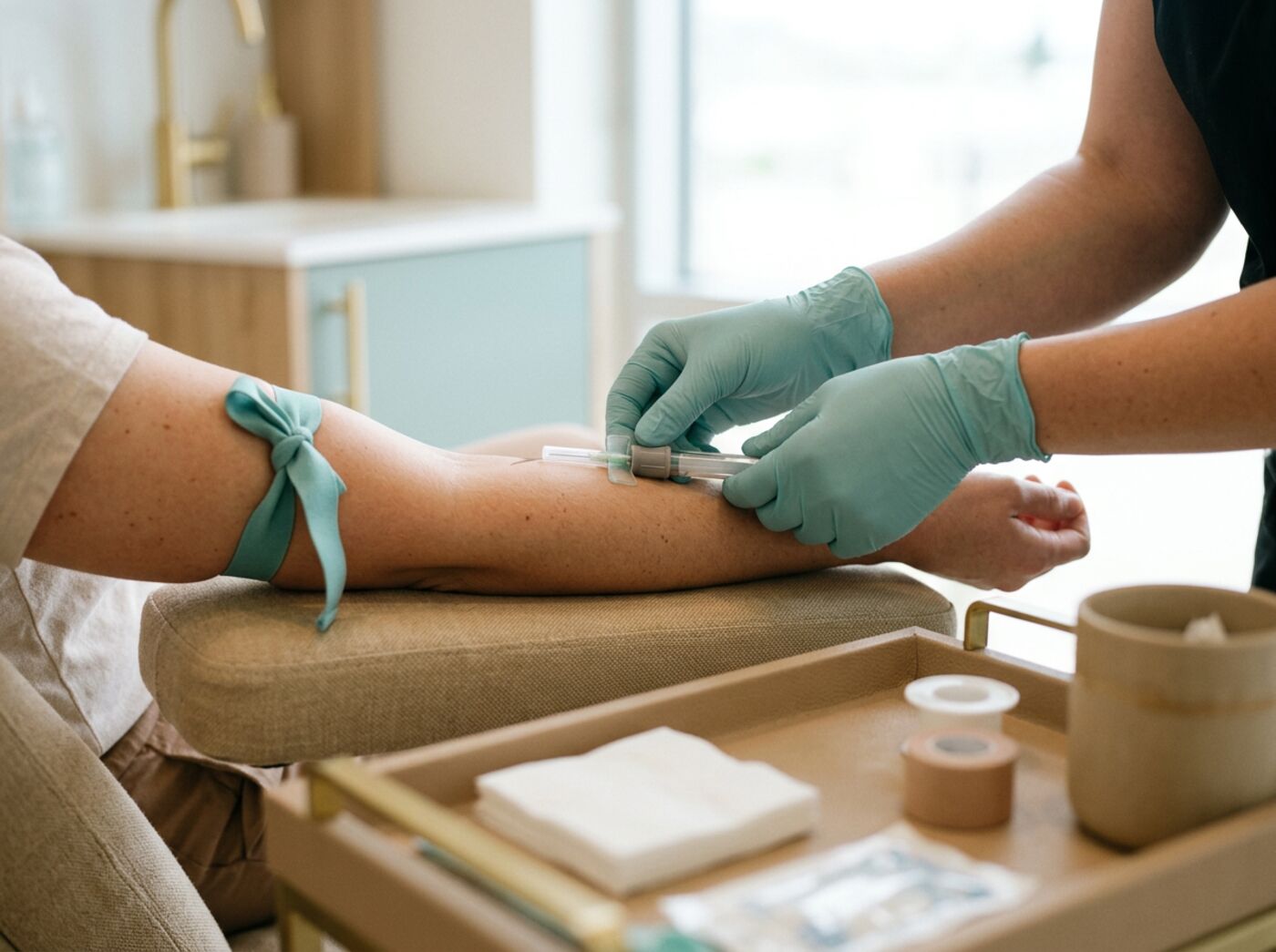 Phlebotomist drawing blood into a collection tube