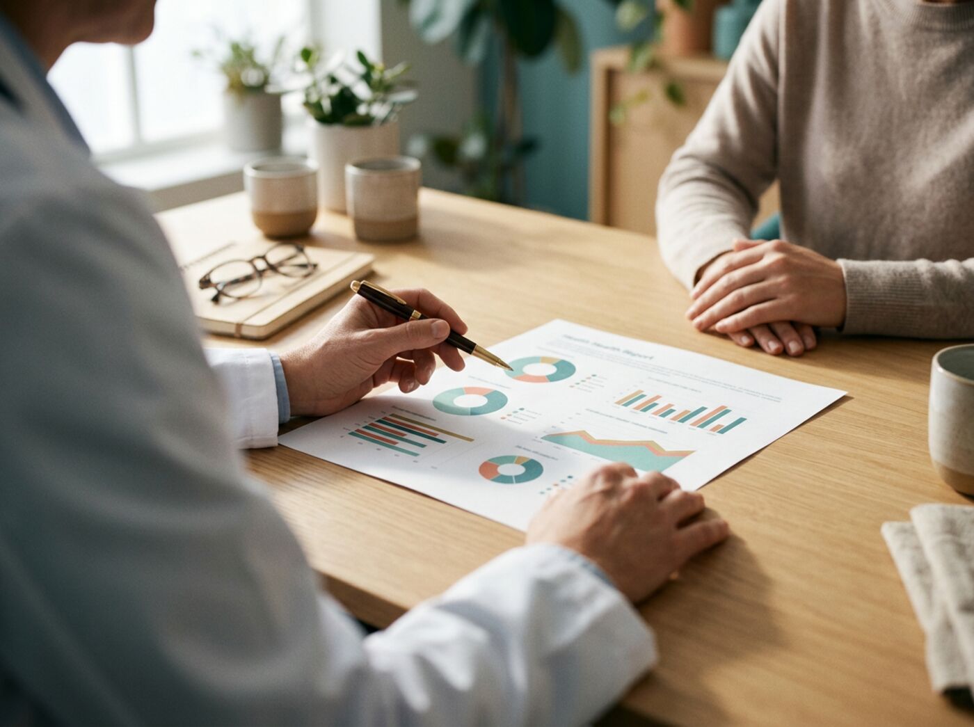 Physician and patient reviewing a printed health report together