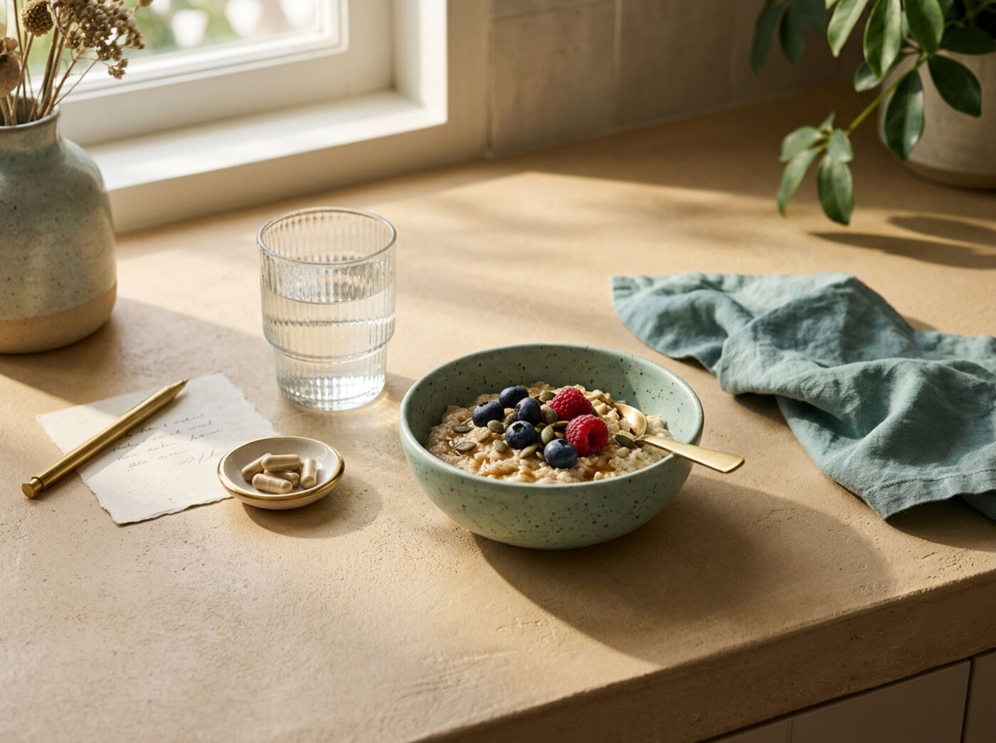 Morning routine with water, oats and berries, and a plan card