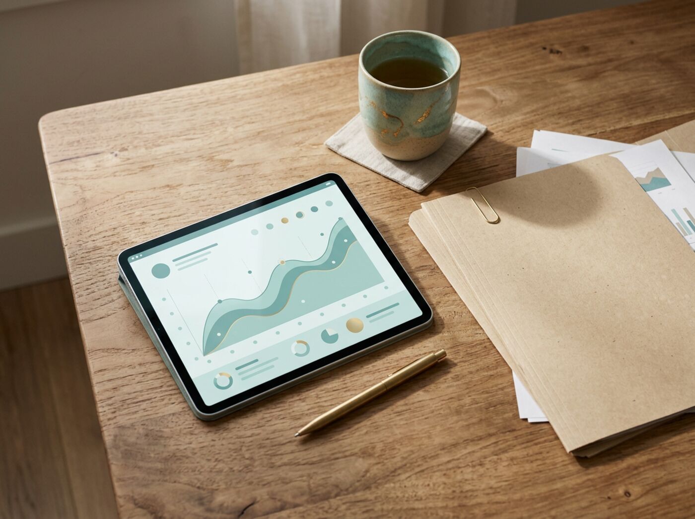 Tablet showing a progress chart beside a cup of tea